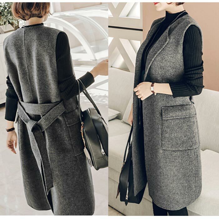 防寒 ロング ジレ ベスト ロング丈 コート リボン おしゃれ 秋 冬　レディース アウター ノースリーブ 大きいサイズ 3XL 4XL 5XL 6XL ポケット付き 襟付き ノーカラー グレー ブラック 通勤 羽織る