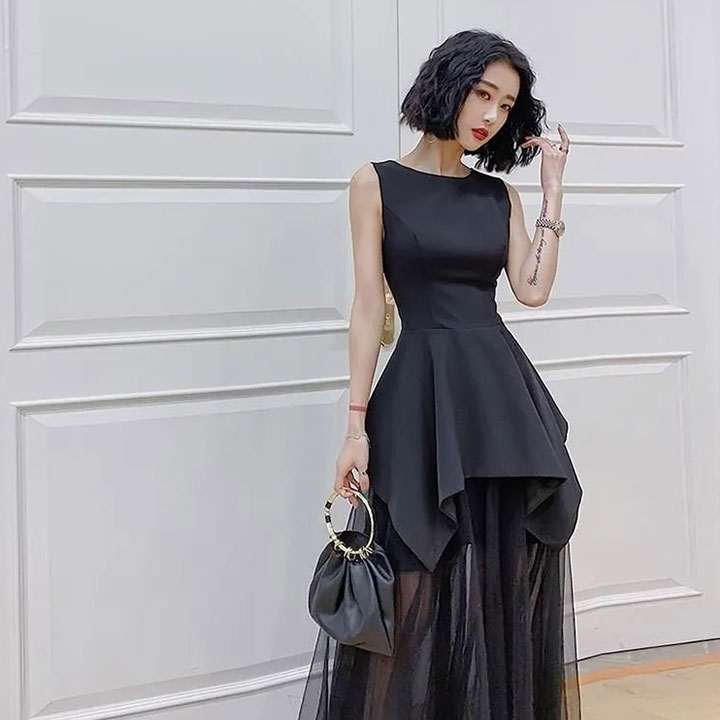 パーティードレス ロングドレス ロング ミニ丈 レイヤード レース 透け感 ノースリーブ タイト Aライン ブラック 結婚式 二次会 鑑賞会 パーティー キャバドレス おしゃれ｜goodprice dragon