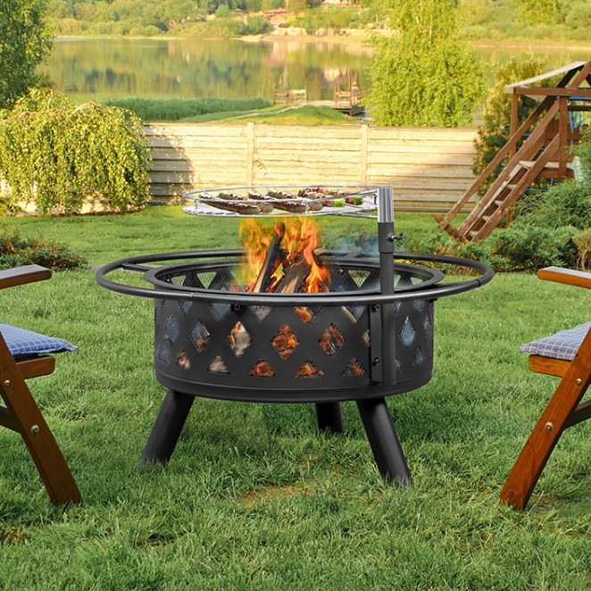 【送料無料】BBQグリル付！　アウトドア用 焚き火台｜キャンプ 庭 ファイヤーピット BBQ 海　キャンプファイヤー　アメリカ ビンテージ アメリカン 　ログハウス　キャンプギア　屋外暖房　大人気｜グッズ&times;グッズ