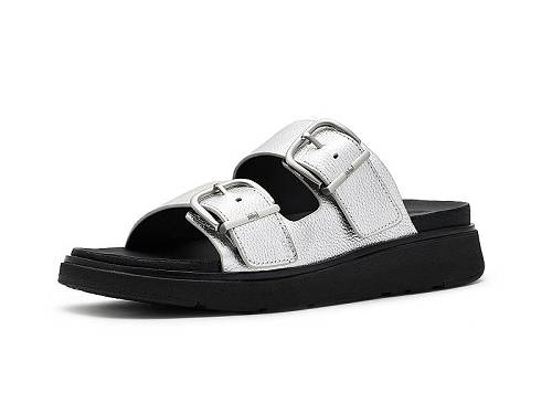 貨物輸送無料 相応うフロップ FitFlop レディース 亭主もち用 シューズ 靴 踵 Gen FF Buckle Tumbled Leather Two Bar Slides - Silver