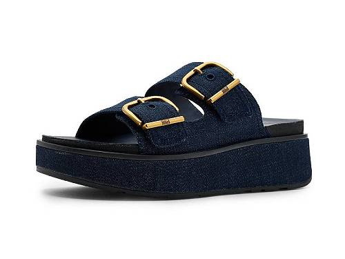 貨物輸送無料 相応うフロップ FitFlop レディース お上さん用 シューズ 靴 坦々たる Gen FF Max Buckle Two Bar Denim Slides - Dark Denim