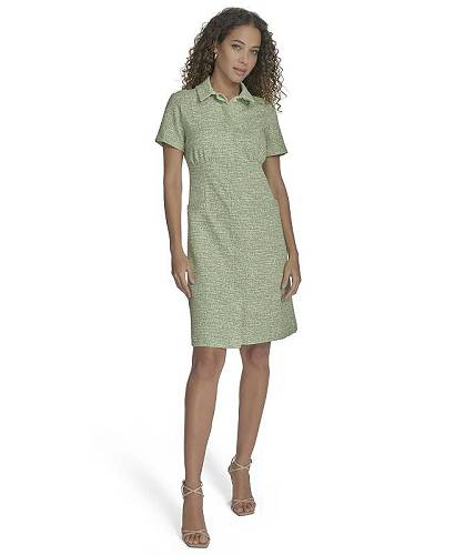 貨物輸送無料 カルバンクライン Calvin Klein レディース お上さん用 流行り物 お召しもの Tweed Short Sleeve Collared Dress - Leaf White