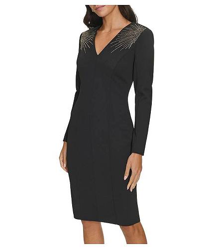 送料無料 カルバンクライン Calvin Klein レディース 女性用 ファッション ドレス Scuba Crepe Long Sleeve with Hot Fix - Black｜グッズ&times;グッズ