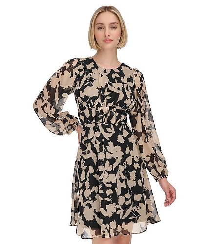 送料無料 カルバンクライン Calvin Klein レディース 女性用 ファッション ドレス Chiffon Long Sleeve Floral Rouched Aline - Black White Pepper