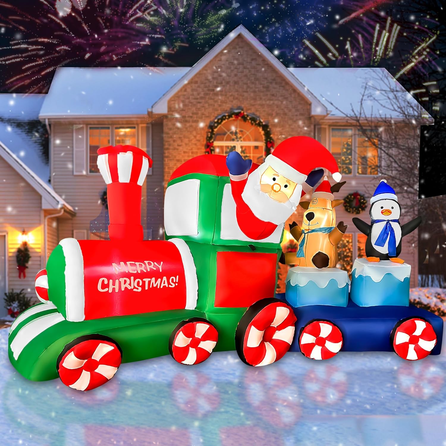 【送料無料】クリスマス　恐竜　電車　ツリー　デコレーション　アウトドア　ブロワー　X'mas 装飾 　デコレーション ディスプレイ 風船 エアブロー ふわふわ アメリカ直輸入　　サンタ　送風機内蔵　電飾