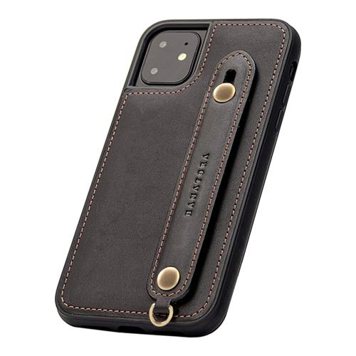 HANATORA for iPhone 11 ケース 本革 耐衝撃 背面ベルト ストラップリング スマホケース スマホ スタンド機能 コードホルダー ガラスフィルム 付き オイルドレザー ギフト ブラック GH-11-Black-m