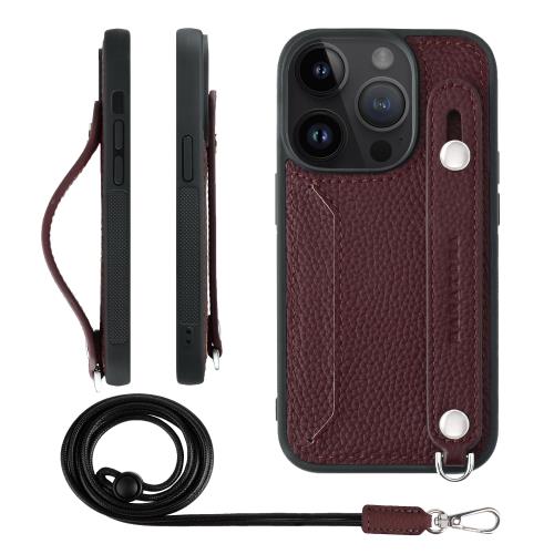 HANATORA for iPhone 14Pro ケース 本革 耐衝撃 背面ベルト ストラップリング スマホケース スマホ スタンド機能 ネックストラップ 付き カードポケット シュリンクレザー ギフト ワイン CGHGZ-14Pro-Wine