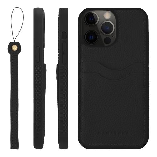 HANATORA for iPhone 13ProMax ケース 本革 耐衝撃 バンパー型 スマホケース スマホ ストラップ 付き シュリンクレザー ギフト ブラック CPGGZ-13ProMax-Black