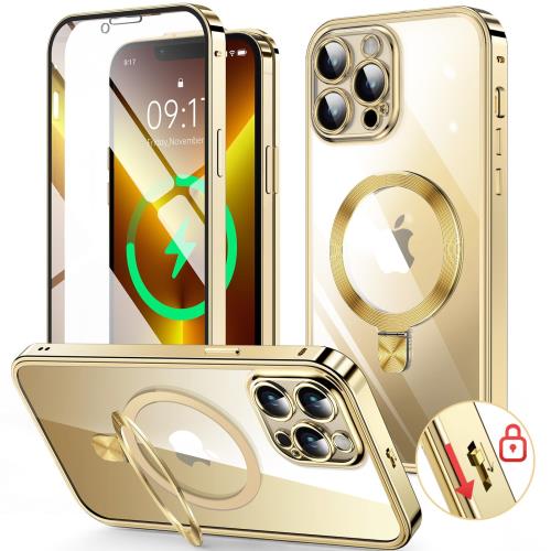 HGUTREYスタンド機能付き・アクションボタン iPhone13 Pro 用 ケース クリア ロック付きCDリング・MagSafe対応 9H強化ガラス PC背面 カメラレンズ保護 アイフォン13プロ カバー 両面 ストラップホール付き アルミバンパー メタルフレーム 耐衝撃 高感度タッチ ワイヤレス充電