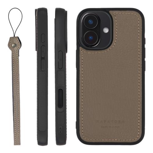 HANATORA for iPhone 16Plus ケース 本革 日本製 耐衝撃 スマホケース スマホ ストラップ 付き シュリンクカーフレザー ギフト マグネットなし グレージュ SPGJP-16Plus-Grege