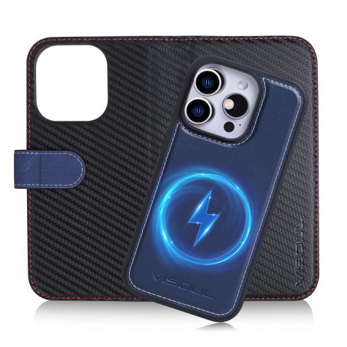 VISOUL iphone16 Pro 対応ケース 手帳型 分離式 本革 2in1 スマホケース レザーケース magsafe対応 手帳型ケース アイフォン16 Pro ケース カード収納 携帯ケース 全面保護 ベルト式取り外し自由 iphone16Pro 5G 6.3in 対応カーボンレザー2WAY ブラックネイビー
