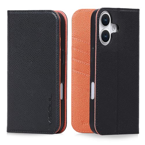 VISOUL iPhone16 Plus 対応ケース 手帳型 本革 スマホケース レザーケース 手帳型ケース アイフォン16 Plusケース MagSafe対応カード収納 携帯ケース 全面保護 マグネット 柔軟なTPU素材 アイホン16 Plusオレンジ