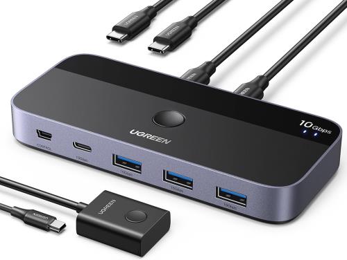 UGREEN 10Gbps USB-C切替器 USB3.2 2 台のPCでUSB-CA デバイスを共有 Mac用 4ポート USB-C3.2 スイッチャー キーボード/マウス/ウェブカメラ/USBマイク/プリンタを切り替え 2台のUSB Cラップトップ用、USB‐Cケーブル2本リモート付き