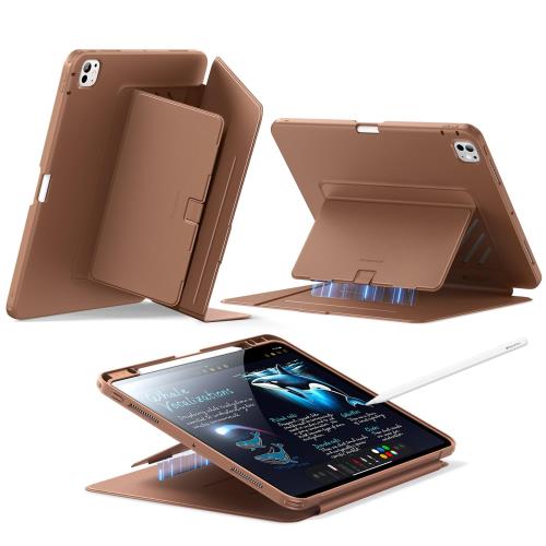 ESR iPad Pro 13インチ ケース（M5/M4、2025/2024）対応 ペン収納 耐衝撃 縦横スタンド 自動ウェイク/スリープ Pencil Pro/USB-C対応 マルチアングルケース Flipシリーズ ブラウン