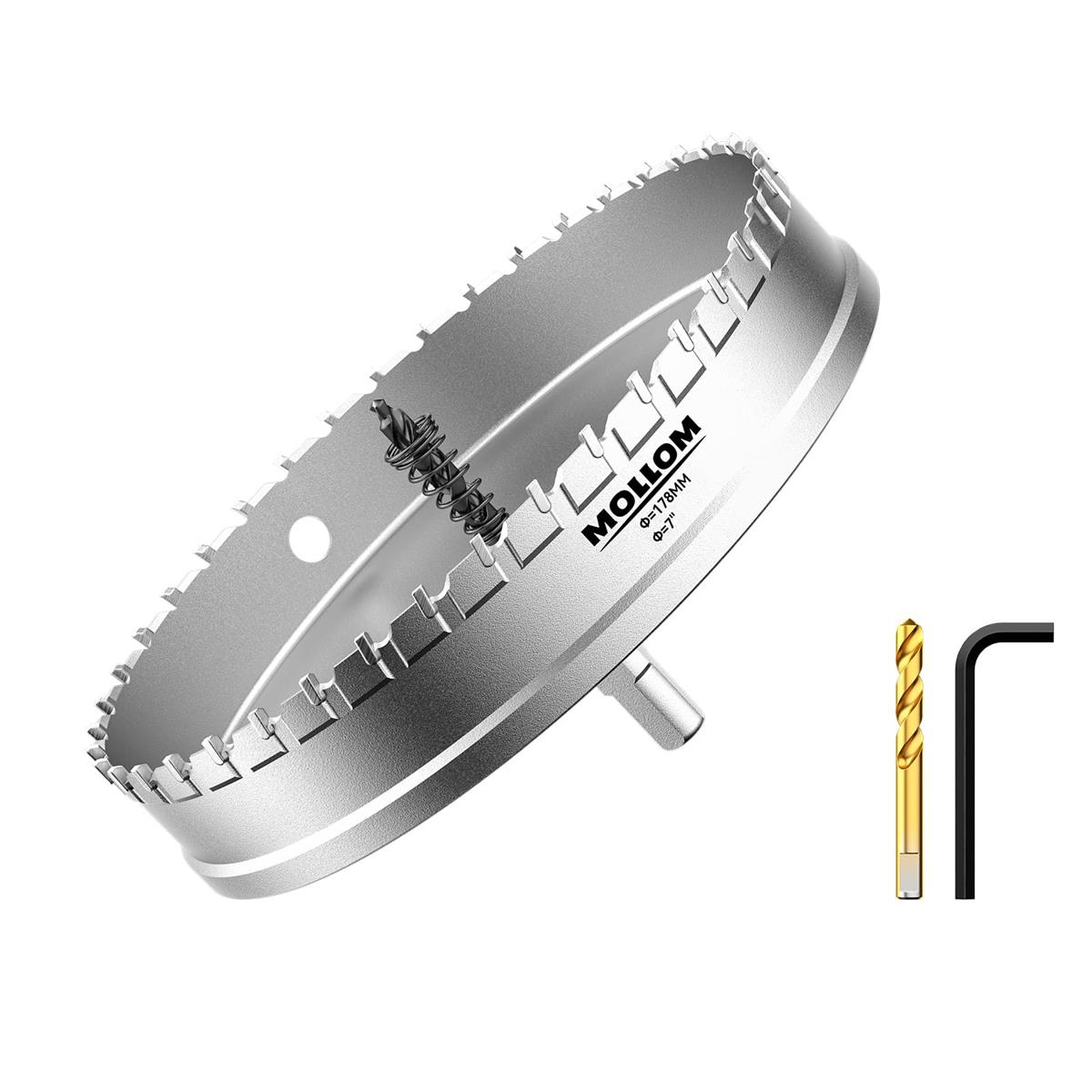Mollom (7インチ | 178mm) 高耐久超硬ホールソー、パイロットドリルビット2個、ホールカッターはステンレス鋼、軟鋼、鉄、銅、真鍮、プラスチックをカットします｜グッドタイムストア店