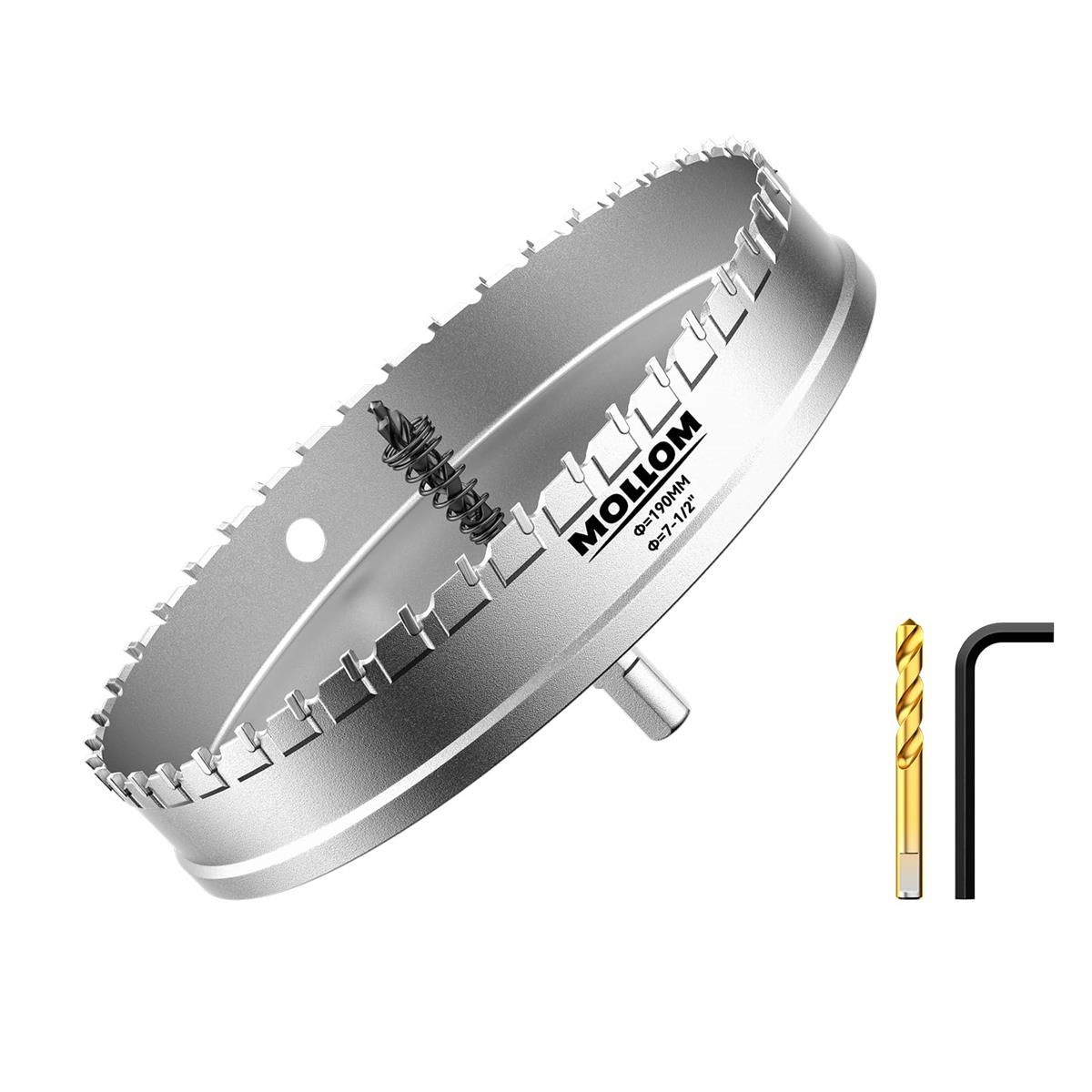 Mollom (7-1/2インチ | 190mm) 高耐久超硬ホールソー、パイロットドリルビット2個、ホールカッターはステンレス鋼、軟鋼、鉄、銅、真鍮、プラスチックをカットします|グッドタイムストア店