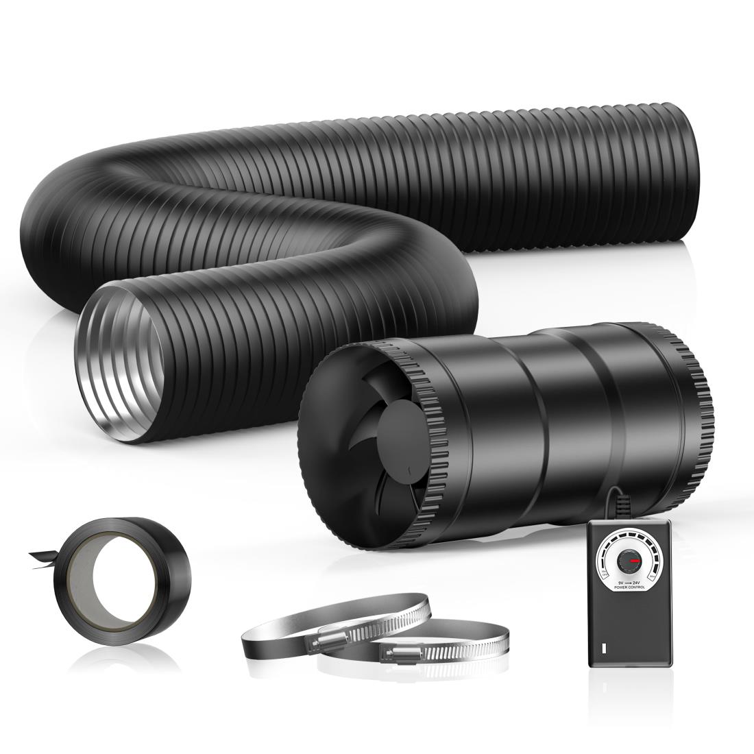 Hon&Guan ダクトファン セット 100mm 中間取付型【インボイス制度登録店】ダクト用 換気扇 強力 省エネ 静音 塗装ブース用 家焼肉 丸形タイプ 産業用換気扇 ダクトホース入り/2.5m1本 クランプ入り/2個 汎用テープ付 取扱説明書付(HI-100SD/φ100mm,セット品)