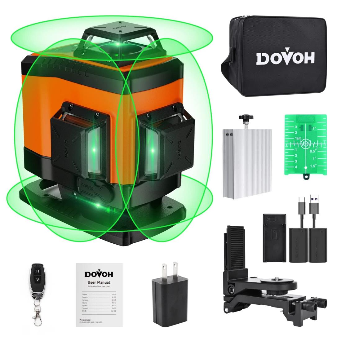 DOVOH グリーンレーザー墨出し器 4x360&deg; 16ライン レーザー墨出し器 レベル 自動補正 高輝度 2本垂直ラインと2本水平 バッテリー2個付きType-C充電可能 受光器対応 K4-360G｜グッドタイムストア店