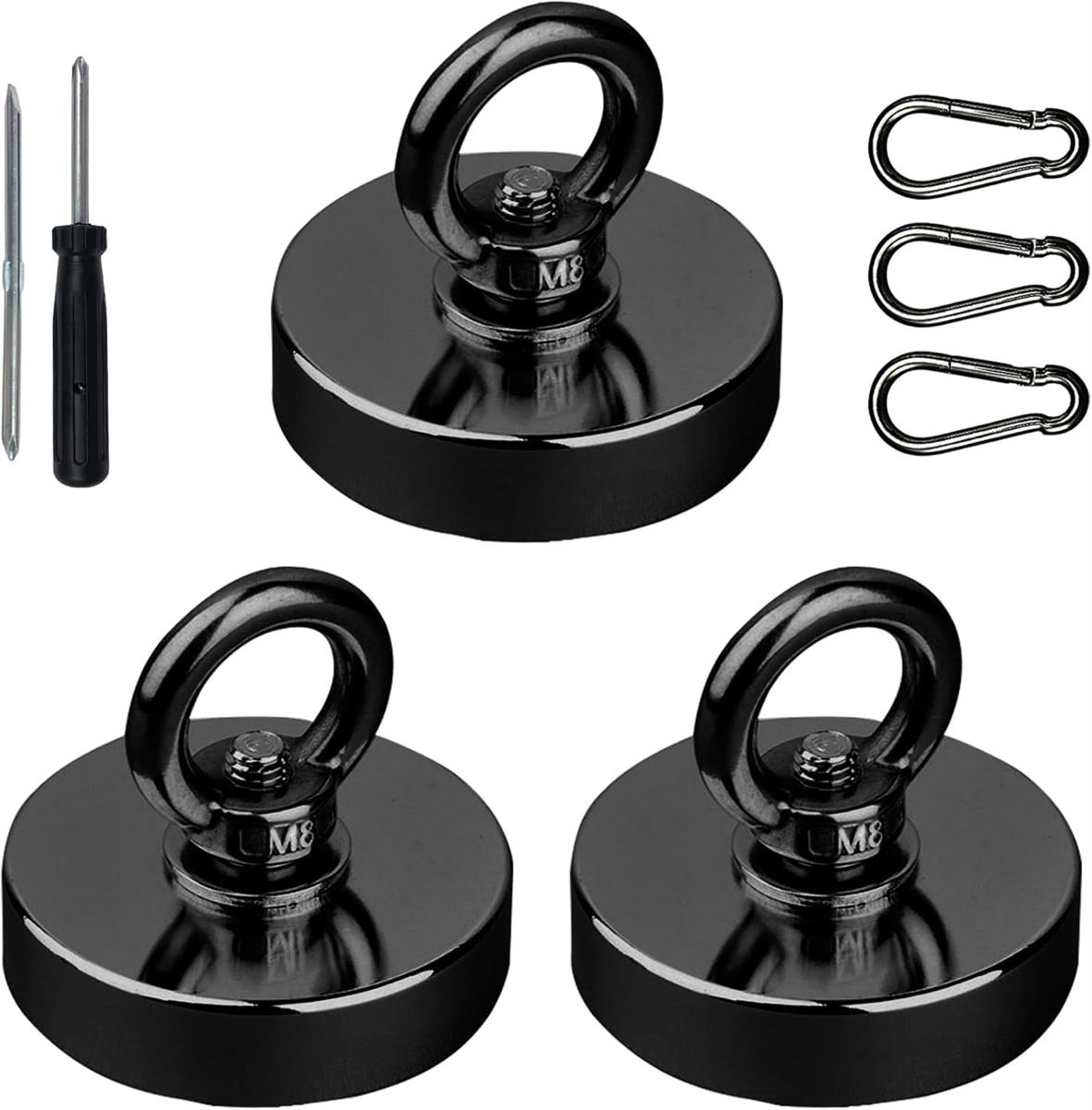 YESCUT 超強力 マグネット フック カラビナ付磁石 【3個セット】 耐荷重115kg 直径60mm 304ステンレス製 強力 磁石 防錆 クフック取外可能 キッチン/オフィス/業務/浴室/室外/壁掛け用 ドライバー付き (ブラック, 60mm 3個入+カラビナ3個)