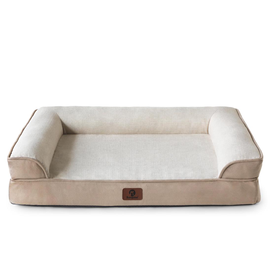Sunquinn 犬 ベッド ペットベッド 犬用ベッド 防水 抗菌 洗える 高反発 取り外せるカバー 滑り止め オールシーズン 中型犬 大型犬 高齢犬 猫 多頭飼い 枕付き ソファー クッション 蒸れにくい（外寸89Lx56Wx16.5Hcm ベージュ）