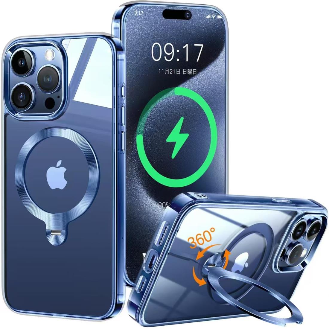 【上品な高級色・360°回転スタンド】ZapNet iPhone 15 Pro 用 クリア ケース Magsafe 対応 [定点スタンド・超絶安定性][本体を再現・極透明]ストラップホール付き マグセーフ ワイヤ レス充電対応 黄変防止 米軍MIL規格取得・耐衝撃 アイホン15プロケース マホケース15 Pro