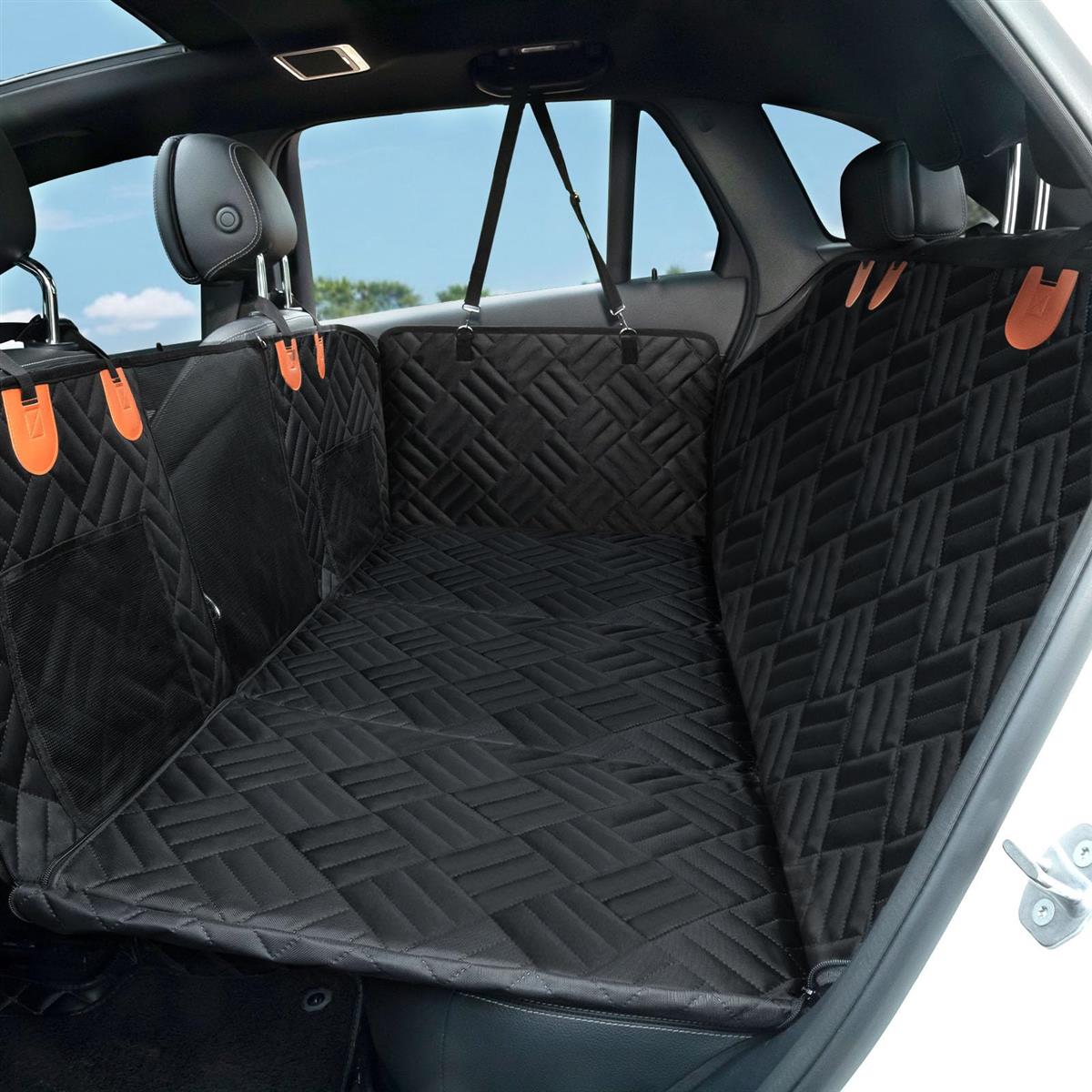 GIIPET ペット用ドライブシート全車種汎用 厚手仕様 犬用 ペットドライブシート 後部座席用 防水&耐摩耗 滑り止め 可視メッシュ窓 飛び出し防止リード付き 4方向展開 折り畳み式 大容量収納ポケット付き 汚れ防止 簡単取り付け132x63x57cm (ブラック, L)