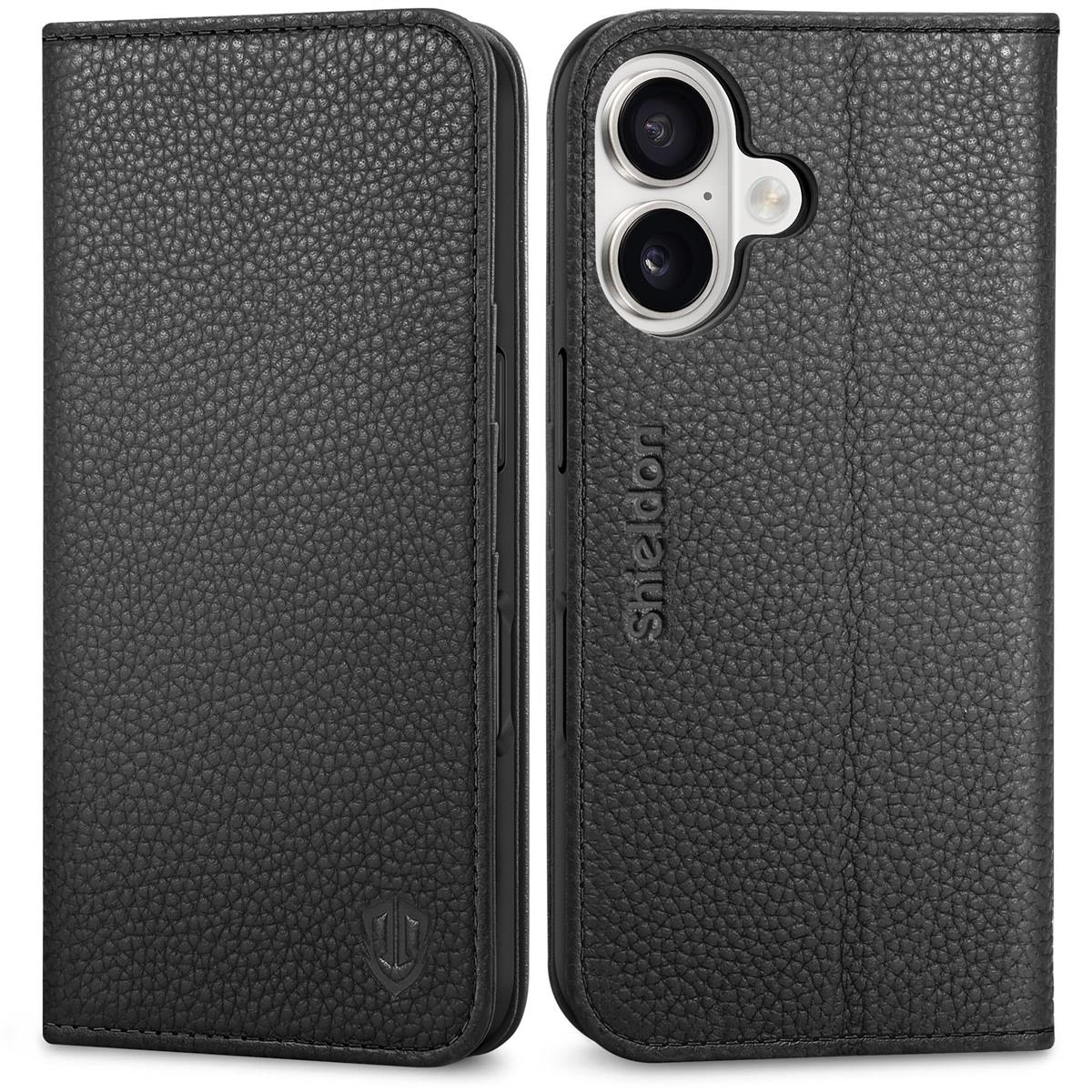 SHIELDON iPhone16 対応ケース 手帳型 本革 あいふぉん 16用 スマホカバー 衝撃吸収 TPU素材 カード収納 横置きスタンド機能 マグネット内蔵 [RFIDブロッキング] 全面保護 アイホン 16 対応 ケース 6.1インチ 5G ライチブラック