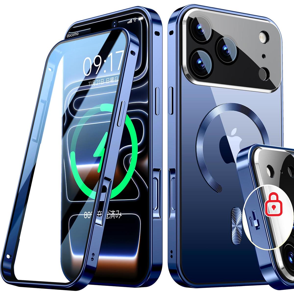 Rosycover【新次元の一体型レンズ・メカニカルロック】iPhone 17 Pro Max 用の ケース Magsafe対応[360°全面保護・両面強化ガラス][本体の色・CD Magsafeリング]マグセーフ ワイヤ レス充電対応 ストラップホール付き アルミ合金バンパース アイホン17プロマックス 金属 ケ