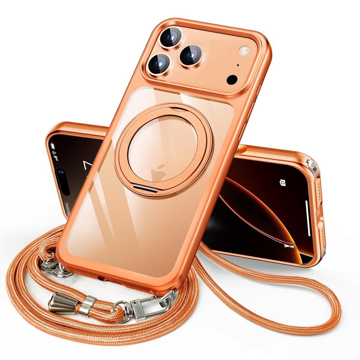 LUTSIDUTA iPhone 17 Pro Max 用 ケース ダブルリング付き ショルダー ストラップ付き 多機能360度回転スタンド MagSafe対応 ワイヤ レス充電対応 耐衝撃 カメラレンズ保護 三眼 6.9インチ いphone17 Pro Max 用 ケース 薄型 透明 PC + 軽量 シリコン TPUバンパー おしゃれ