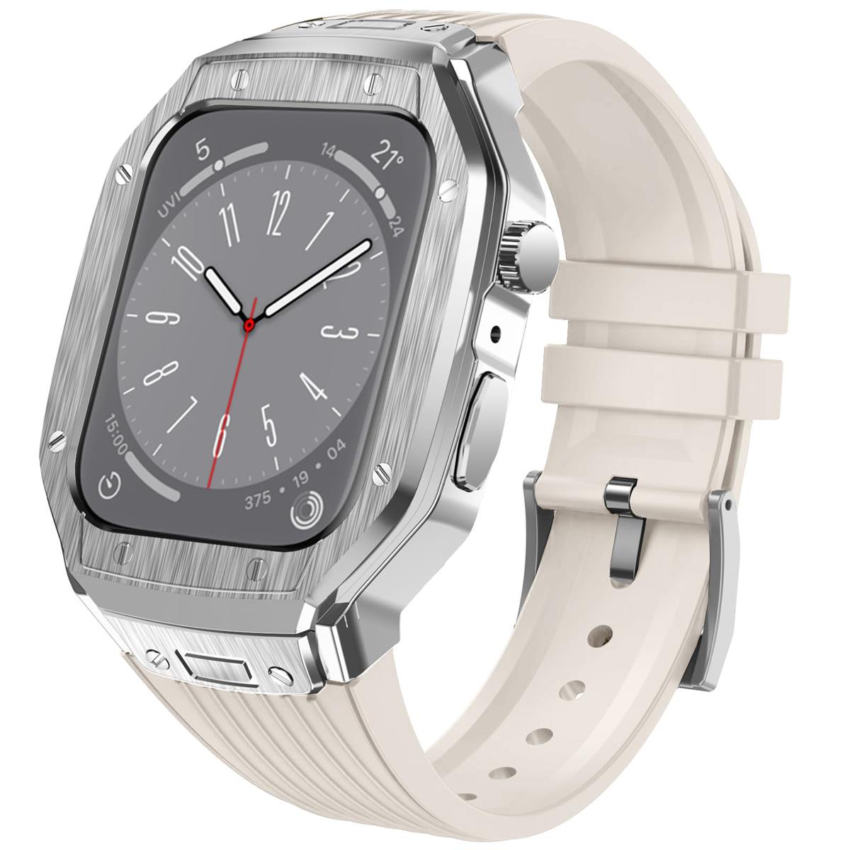 [LIRUWECH] for Apple Watch バンドとケースと背面ケースの3in1一体型デザイン 45mm/44mm apple watch 一体型バンド Apple Watch Series 9/SE/8/7/6/5/4対応 メンズ かっこいい アップルウォッチ バンド カバー付き apple watch アクセサリー(45mm/44mm，シルバーケースとス