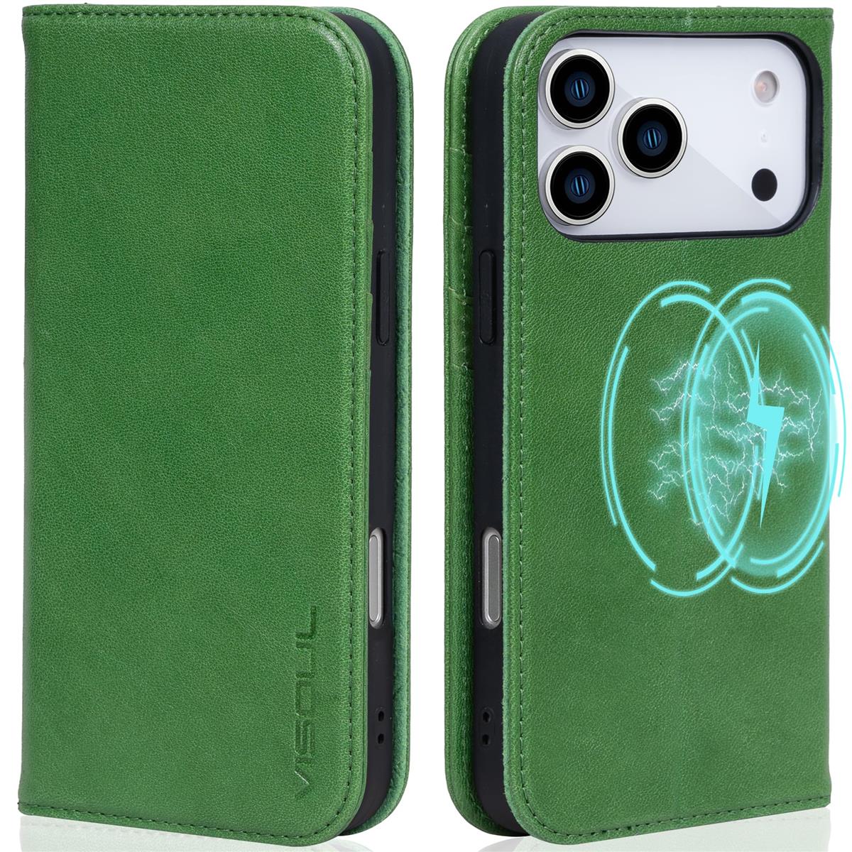 VISOUL iPhone 17 Pro Max 対応 ケース 手帳型 本革 アイフォン17 プロマックス 手帳型ケース MagSafe対応 スマホケース レザー カード収納 携帯カバー 横置きスタンド機能付き マグネット式 全面保護 柔軟なTPU素材 アイホン17 ProMax オリーブ