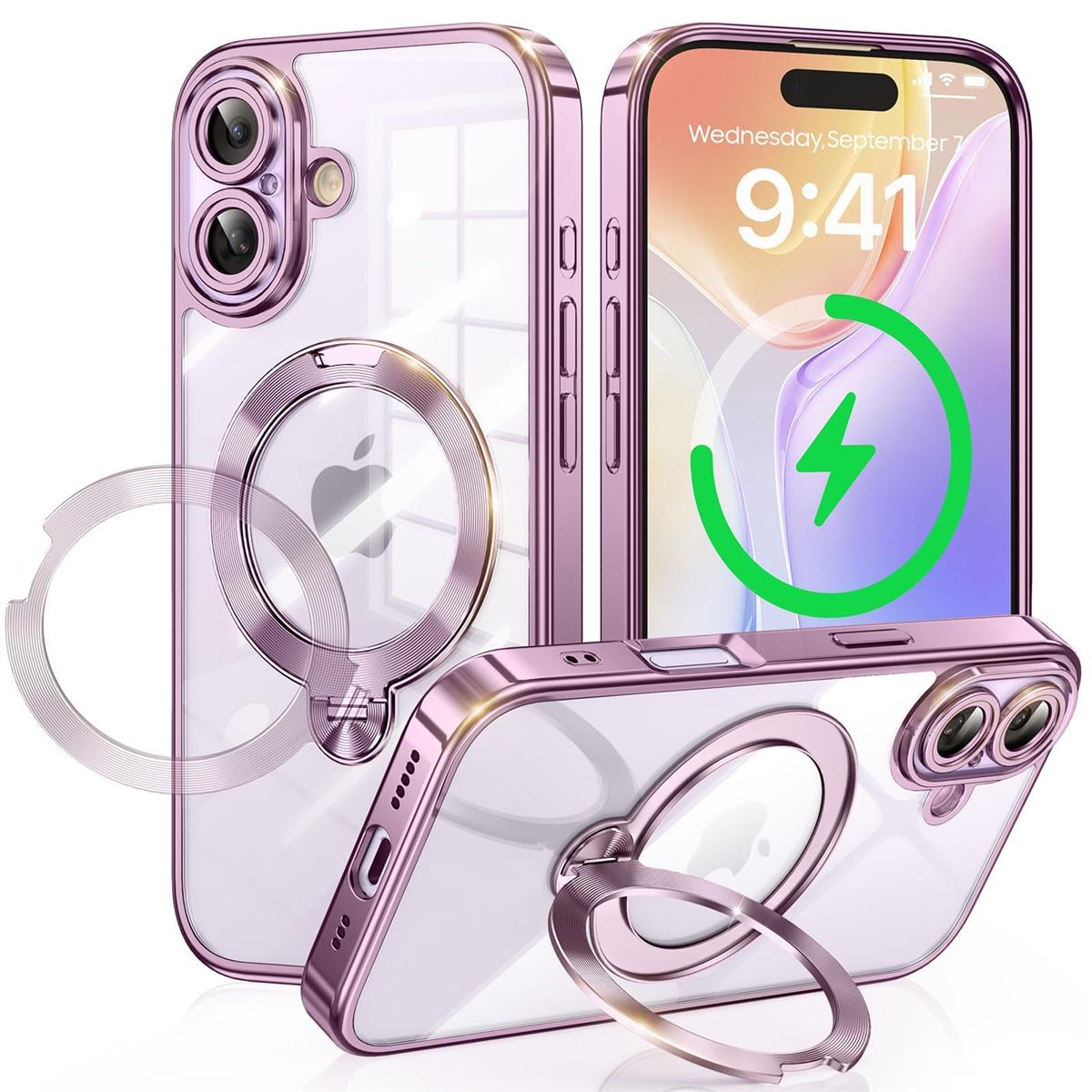 iPhone 17 用 ケース MagSafe対応 光沢CD紋様リング 360°定点回転スタンド 縦横両対応 マグセーフ対応 メッキバンパー キラキラ 背面クリア 精密開口レンズ保護 いphone 17 ケース Gunwon スマホケース 米軍規格 耐衝撃 黄変防止 マグネット付け 超強磁力 ワイヤ レス充電