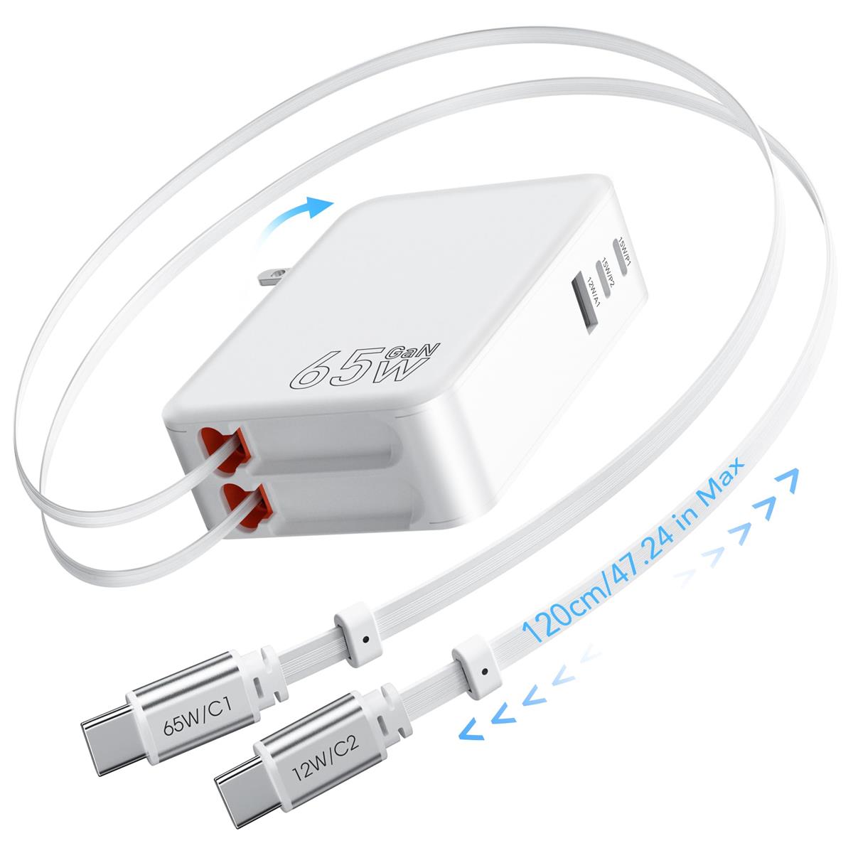 GLILAVOX 65W 5in1 120cm 充電コード付き 巻き取り式 充電器 type-c ケーブル2本内蔵 3ポート搭載 5台同時充電可能 折りたたみ式プラグ 省スペース 家庭/旅行/会社用 携帯便利 PSE認証済 GaN-IV技術採用 i-Phone 17/16/15/MacBook Pro/Air、M1/M2/M3/M4、iPad Pro、Galaxy、