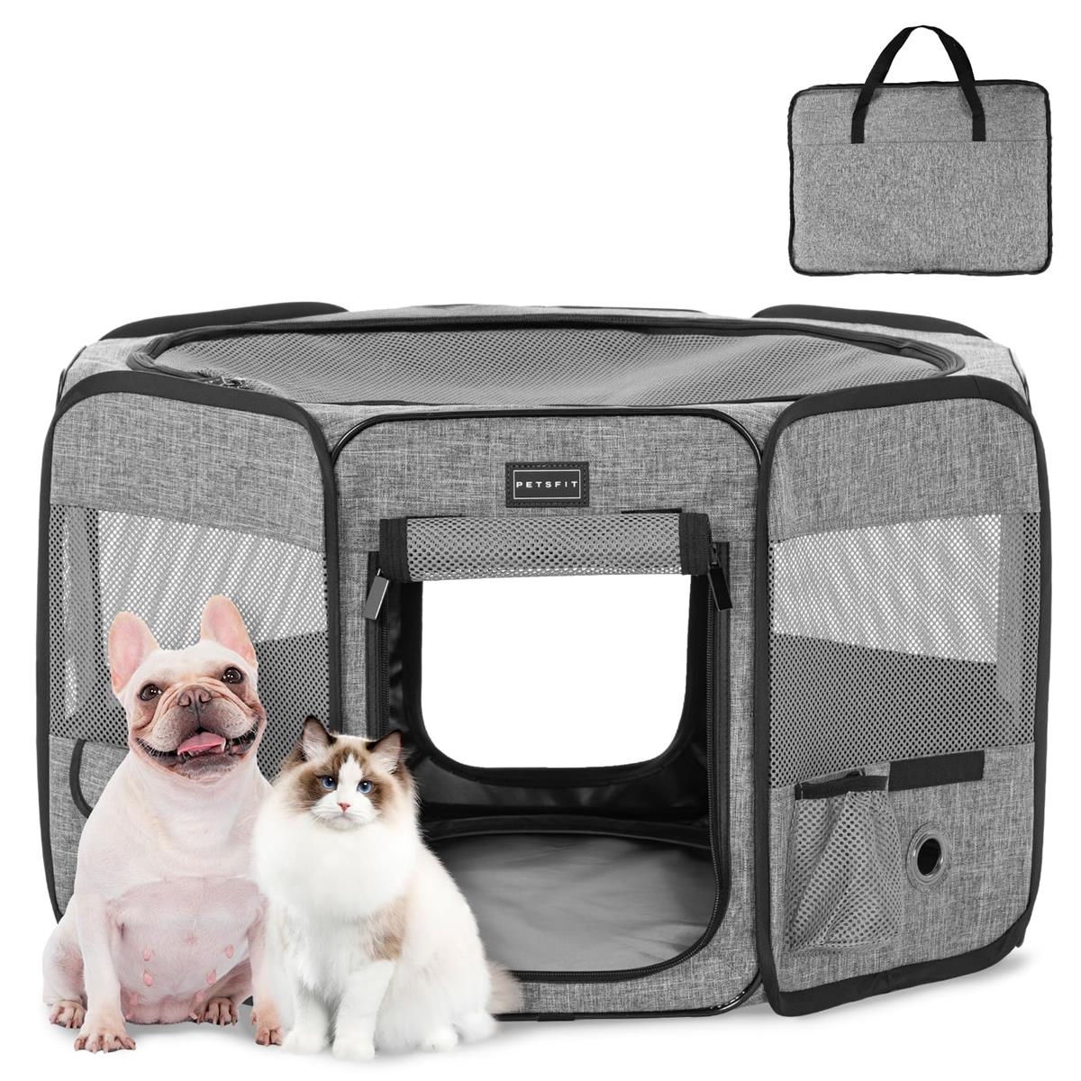 petsfit ペットサークル 折りたたみ 軽量 八角形 収納バッグ付き メッシュトップ 飛び出し防止設計 しっかり 室内 屋外 キャンプ 旅行 猫 犬 洗える 多用途