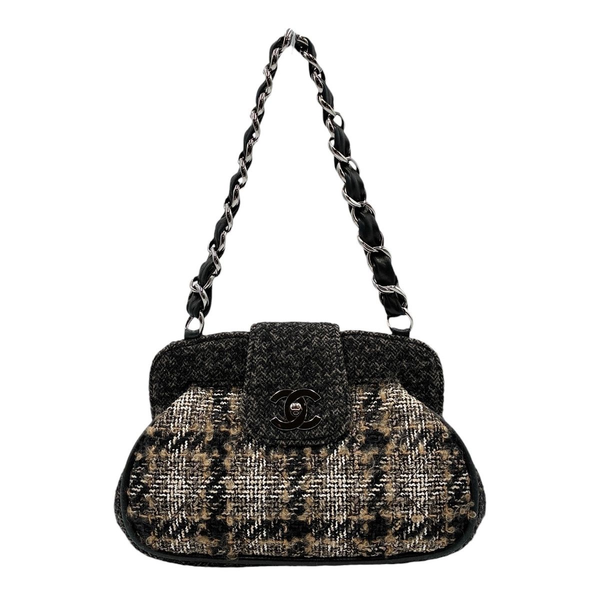 【中古】CHANEL シャネル ツイードチェーンショルダー ハンドバッグ ブラック