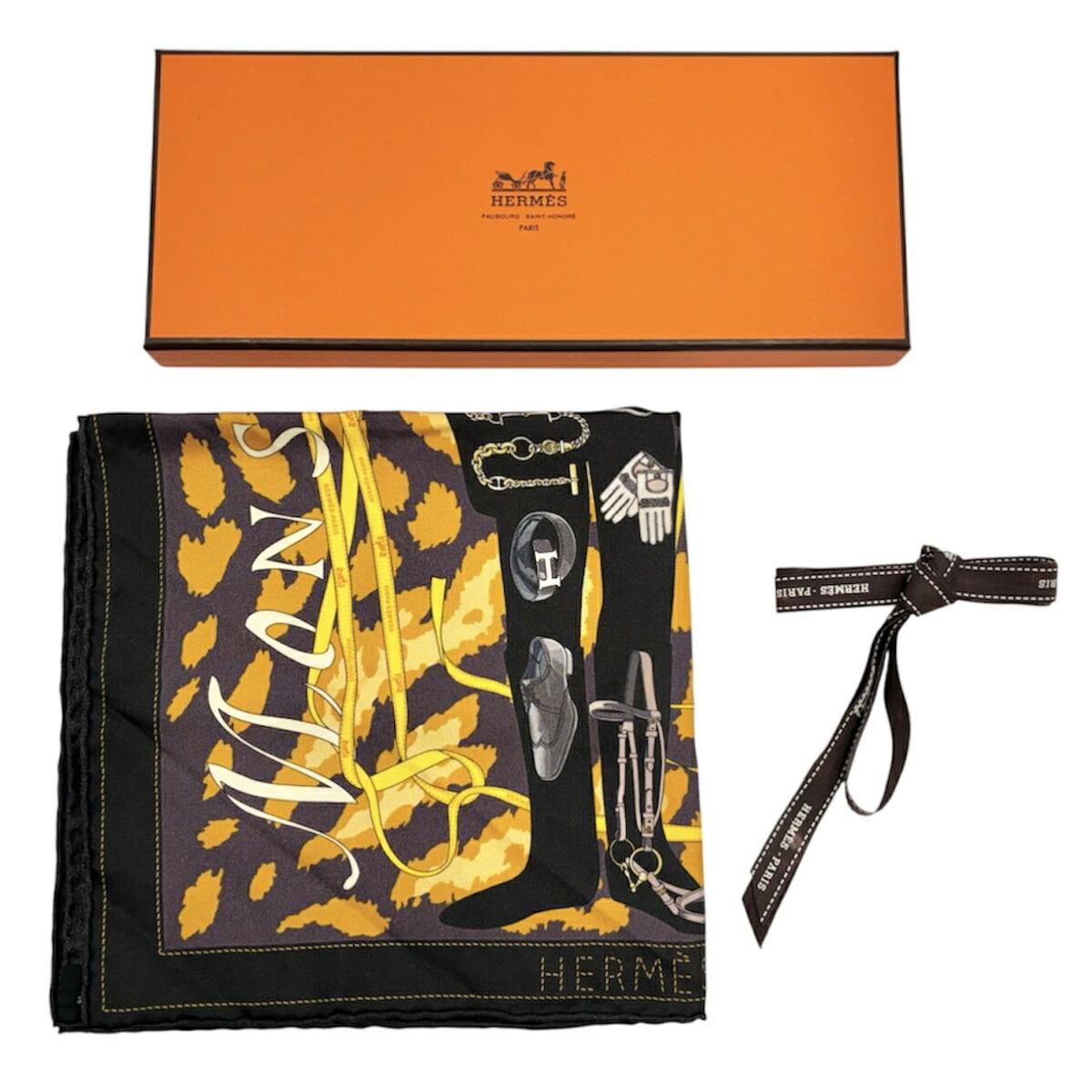 【中古】HERMES エルメス カレ40 MONSIEUR ET MADAME ムッシュ＆御家様 えり巻き オレンジ色