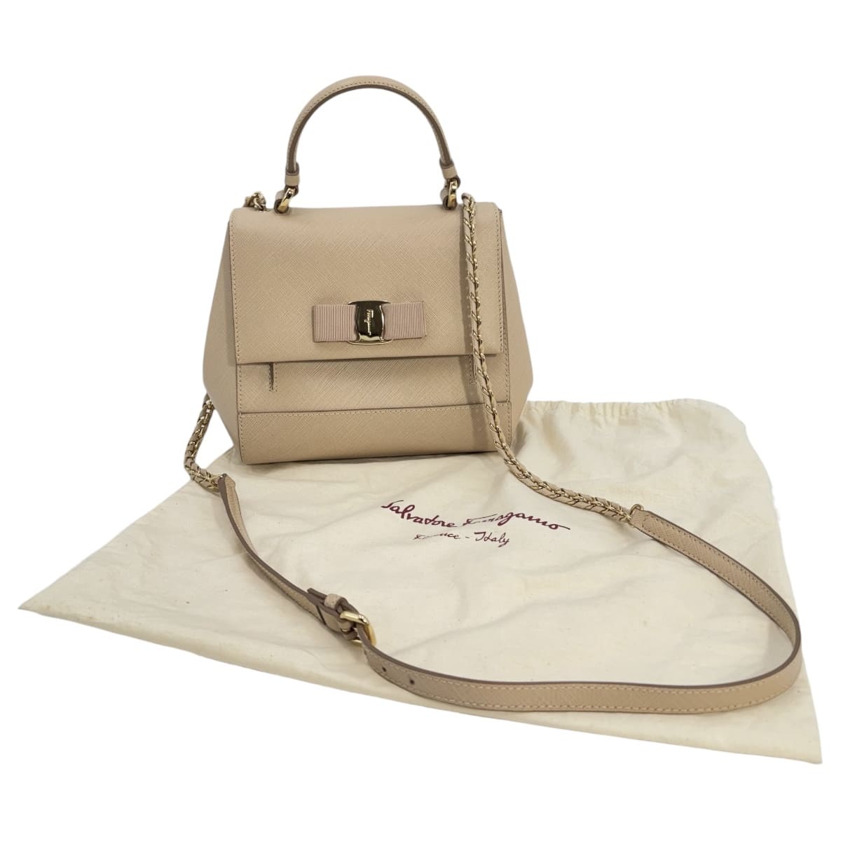 【中古】Salvatore Ferragamo サルバトーレフェラガモ 2way御徒面子 ヴァラリボン ベージュ EZ-21 F570