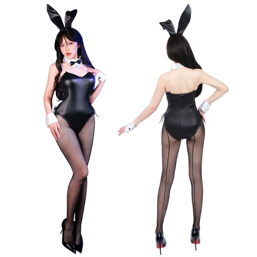 [神併良品]バニーガールコスプレ6サイズ展開セクシー&可愛い美脚バニーコスチューム女性用胸空きフェイクレザーバニースーツ衣装うさぎ耳+尻尾付きプレゼント7点セット!(ブラックL)