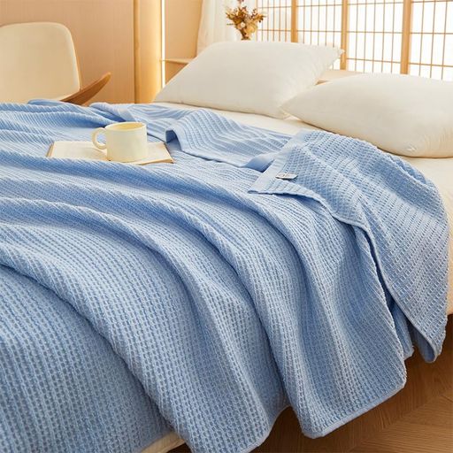 songlibinワッフルケットセミダブルタオルケットブランケット大判夏用綿100%洗える肌掛け夏掛けマルチカバー冷房対策フリンジ北欧ひざ掛けおしゃれセミダブル180*200cmライトブルー