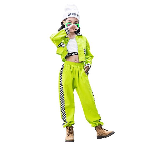 [LOLANTA]キッズダンス衣装女の子セットアップ3点セットタンクトップジャケットズボンhiphopおしゃれグリーン140