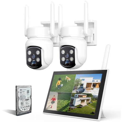 YESKAMOO防犯カメラワイヤレス屋外500万画素パンチルト360°回転130°広角10’’モニター付きAI検知カラー暗視投光威嚇無線屋外防犯カメラ2台セットIP66防水防塵監視カメラ動体検知警報通知双…