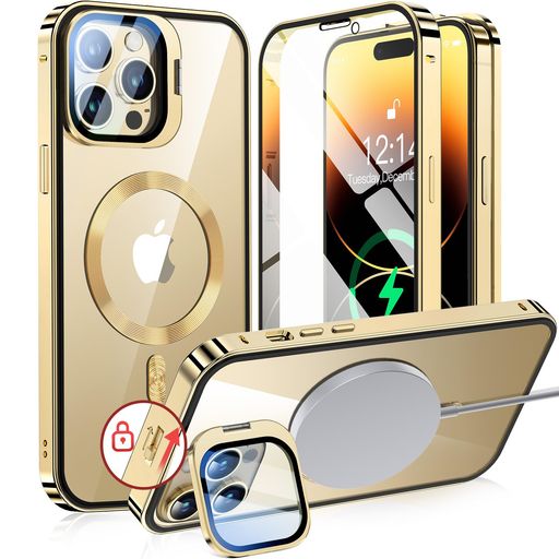【カメラレンズ保護・スタンド一体】NIANGUOiPhone13Pro用カバーMagSafe対応クリア両面【ロック付き・アクションボタン】隠しカメラスタンドアイホン13プロケース9H強化ガラスメタルフレーム…