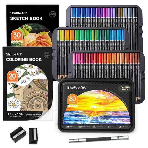 ShuttleArt色鉛筆80色セット油性色鉛筆大人の塗り絵スケッチブック鉛筆削りイラストデザインデッサン落書き缶入収納便利子供用初心者アーティスト入園・入学お祝いプレゼント