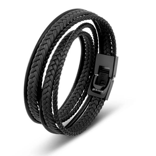 [SERASAR]ブラックレザーブレスレットメンズ34cmギフトボックス入り本物の編み込みレザー調節可能なマルチレイヤーラップブレスレットステンレススチールアームバンドジュエリーアクセ…