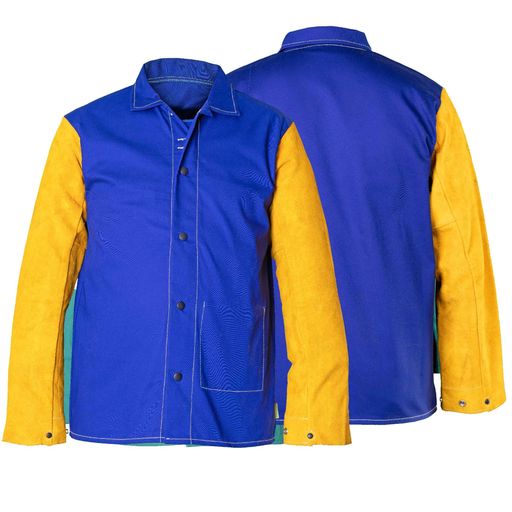 [YELLOWJACKET]Weldasレザースリーブ難燃性コットン製溶接用ジャケット、33-3060M、ロイヤルブルー、Mサイズ。