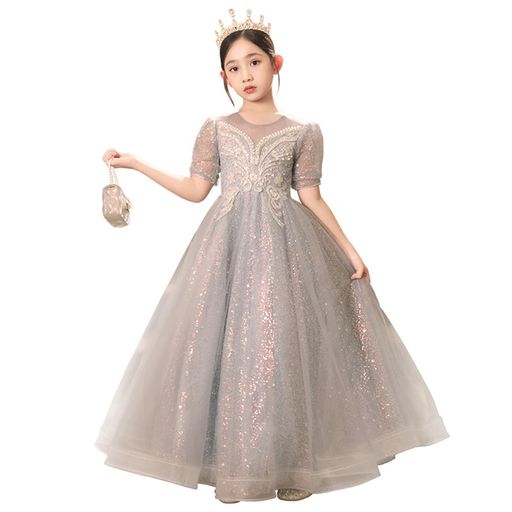 [Dulraxin]結婚式110-160ジュニアロング発表会子供服ジュニアドレス子供ドレスフォーマルピアノジュニアドレスふんわりチュール女の子ワンピース七五三(グレー140)