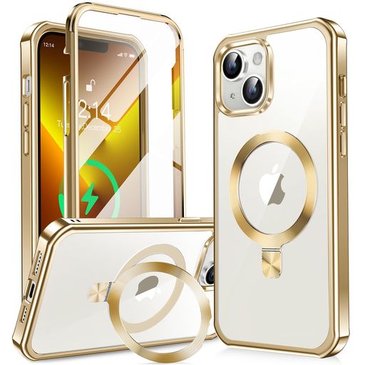 【360°全面保護・スタンド・Magsafe対応】KELLCASEiPhone13用ケース両面隠しスタンド・CDリング横縦両立ワイヤレス充電いphone13カバー黄変防止透明PC背面メッキバンパー米軍MIL規格耐衝撃