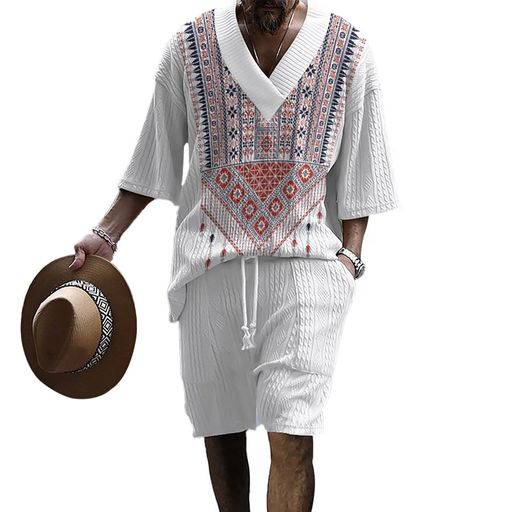 [Anmurye]ジャージ上下セットメンズプリント模様夏服半袖Tシャツカットソー+ショートパンツカジュアルVネックビッグサイズ快適ウエスト調整可能無地通気上下スウェットホワイト半袖(ボ…