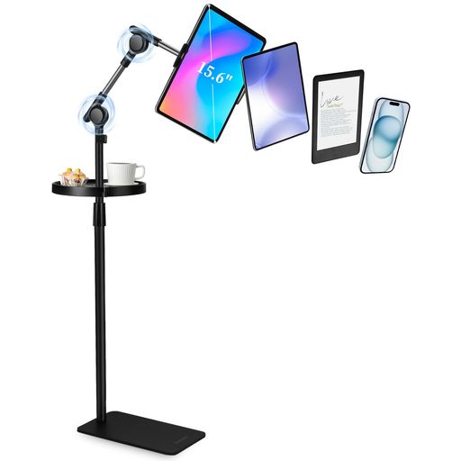 SHUWEIタブレットスタンド床置き独自開発の自動ロック装置高さと角度自由調整最高160cmアルミ合金折りたたみアーム360度回転本体重量3.5kg耐荷重5kg4.7-15.6インチのスマホ/タブレット/モバイ…