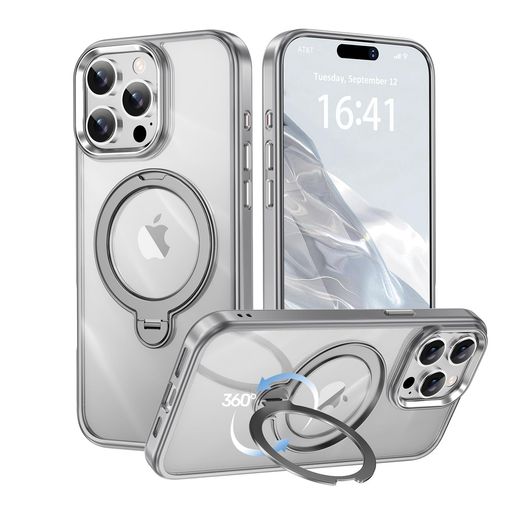 【透き通る上質感・多機能360°回転スタンド】KMAMBNGiPhone15ProMax用ケースMagsafe対応【耐衝撃・金属感・真空メッキ・黄変防止・ストラップホール付き】縦横両立角度自在調整可能磁吸機能で…